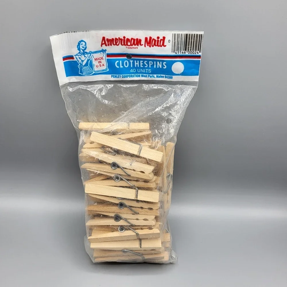 Vintage American Maid Clothespins 40 Count Wood Spring Action Natural Wood